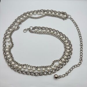 Silver Tone Chain Belt Faux Pearls Rhinestone Statement 46”
